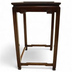 Whytock & Reid, Edinburgh  - Edwardian nest of three Chinese-style solid mahogany occasional tables, rectangular top with finely moulded edge above slim square section legs with subtly chamfered inner edges, joined by H-shaped stretchers, largest W40xD33xH52cm