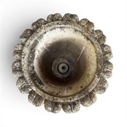 Cast stone tulip urn, petal rim with bell shaped bowl on squat base, stamped HGC; with associated plinth (2)