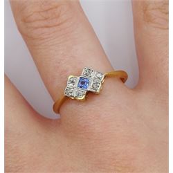 Art Deco 18ct gold diamond and sapphire cluster ring, markers mark A H, stamped Plat 18ct