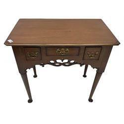 Georgian style mahogany lowboy, the moulded rectangular top over three drawers and shaped pierced apron, on cabriole supports