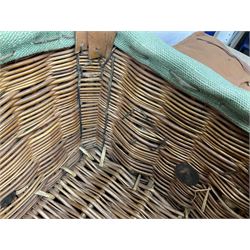 WW2 British Army RAMC 'Regimental Medical Pannier', well marked externally and dated 1941, stamped May 1943 internally, canvas covered wicker form with leather edges, hinged top and fall front with two rope carrying handles, fitted iron locking straps with securing chains; contains various unused field dressings and bandages with WW2 dates and two pillows; original label under lid L79cm