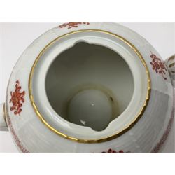 Herend Chinese Bouquet Rose pattern tea service comprising teapot, coffee pot, open sucrier, six cups and saucers, six tea plates, cream jug and stand, milk jug, two teabag holders, preserve pot, two leaf shaped dishes, four egg cups, salt & pepper pots, pair side plates and another plate
