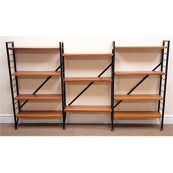  Laddarax three section bookcase, five teak finish shelves, black painted frame, W94cm, H201cm, D21cm  