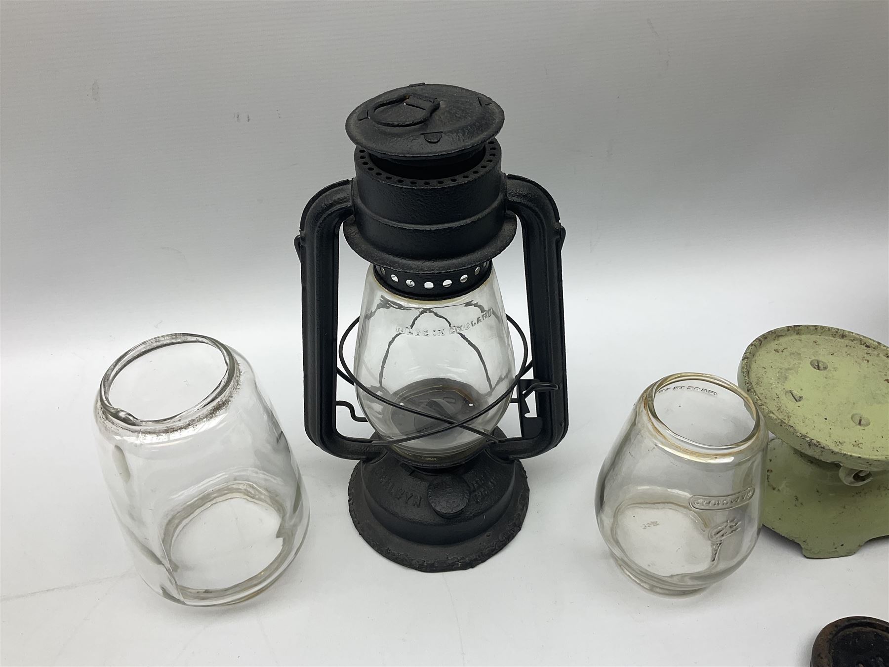 Chalwyn Tropic oil lamp, together with additional glass for Chalwyn lamps and vintage green painted metal Siddons kitchen scales with weights