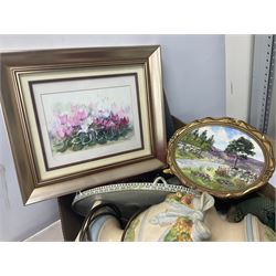 Echt Kobalt tea wares, comprising of tea cup, saucer and dessert plate, together with two Hutschenreuther plates of the month, another similar plate and a Ironstone hatpin holder, 'Gateway to the Moors North Yorkshire' oval oil on board signed by Valerie Barnaby, framed needlework, Leonardo Collection figure group, dressing table set, lamps etc in two boxes