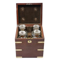 Victorian mahogany brass bound campaign style decanter box, with twin brass countersunk handles, containing four decanters, H23cm 