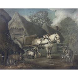 Benjamin Zobel (German/British 1762-1830): Animals in the Farmyard, 'Marmotinto' sand picture signed with initials 47cm x 59cm