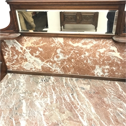 Victorian marble top washstand, raised shaped tile and mirror back, single drawers, turned supports joined by undertier, W108cm, H140cm, D52cm