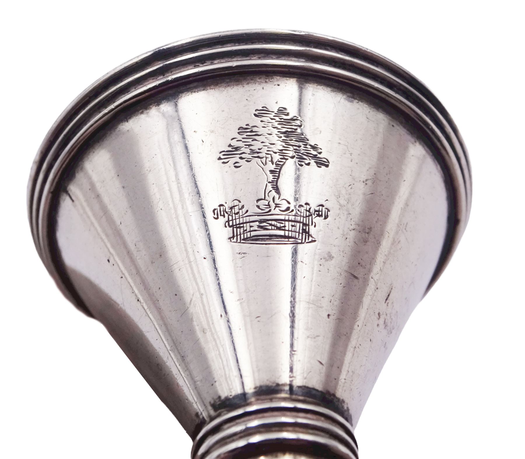 Small George III silver funnel, probably an apothecary or chemist funnel, or a perfume funnel, of typical plain form, with engraved crest, hallmarked London 1792, makers mark worn and indistinct, approximate weight 0.37 ozt (11.6 grams)
