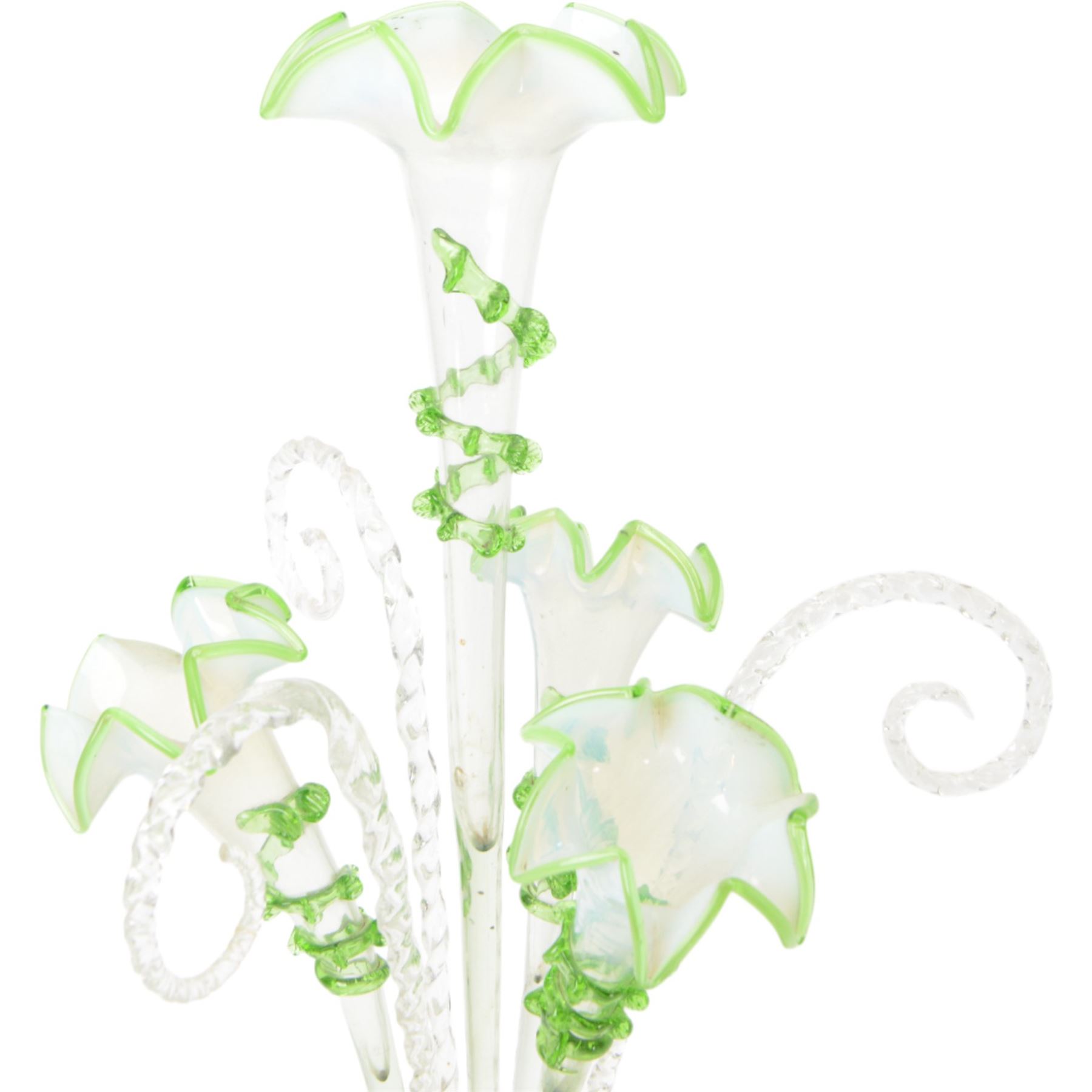 Victorian vaseline glass three basket epergne, H55cm