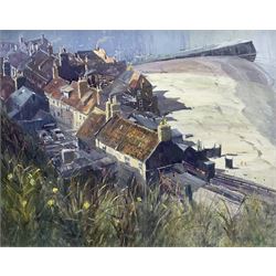 Alwyn Crawshaw (British 1934-): 'Early April Sun - Whitby' - View from the Abbey looking down onto South Bay, oil on canvas signed, inscribed verso 40cm x 50cm