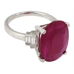 18ct white gold oval ruby and baguette cut diamond ring, hallmarked, ruby approx 8.20 carat