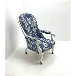 Victorian Spoon Back Chair, upholstered in blue ground fabric with white floral pattern, turned supports and castors