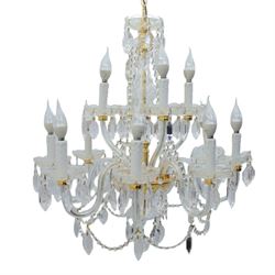 Late 20th century gilt brass and glass twelve branch chandelier, with glass swags and drops