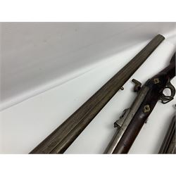 19th century Indian .577 Enfield muzzle loading rifle, proofed for 26-bore, the 98.5cm barrel with three barrel bands and later ram rod L140cm overall; 19th century Belgian side-by-side double barrel percussion shotgun, approximately 20-bore, with 74cm barrels and studded walnut stock, lock plate marked 'Liege 1868' and 'V. Gulikers-Maquinay' L117cm overall; and another side-by-side double barrel shotgun by Smythe with underlever opening (3)