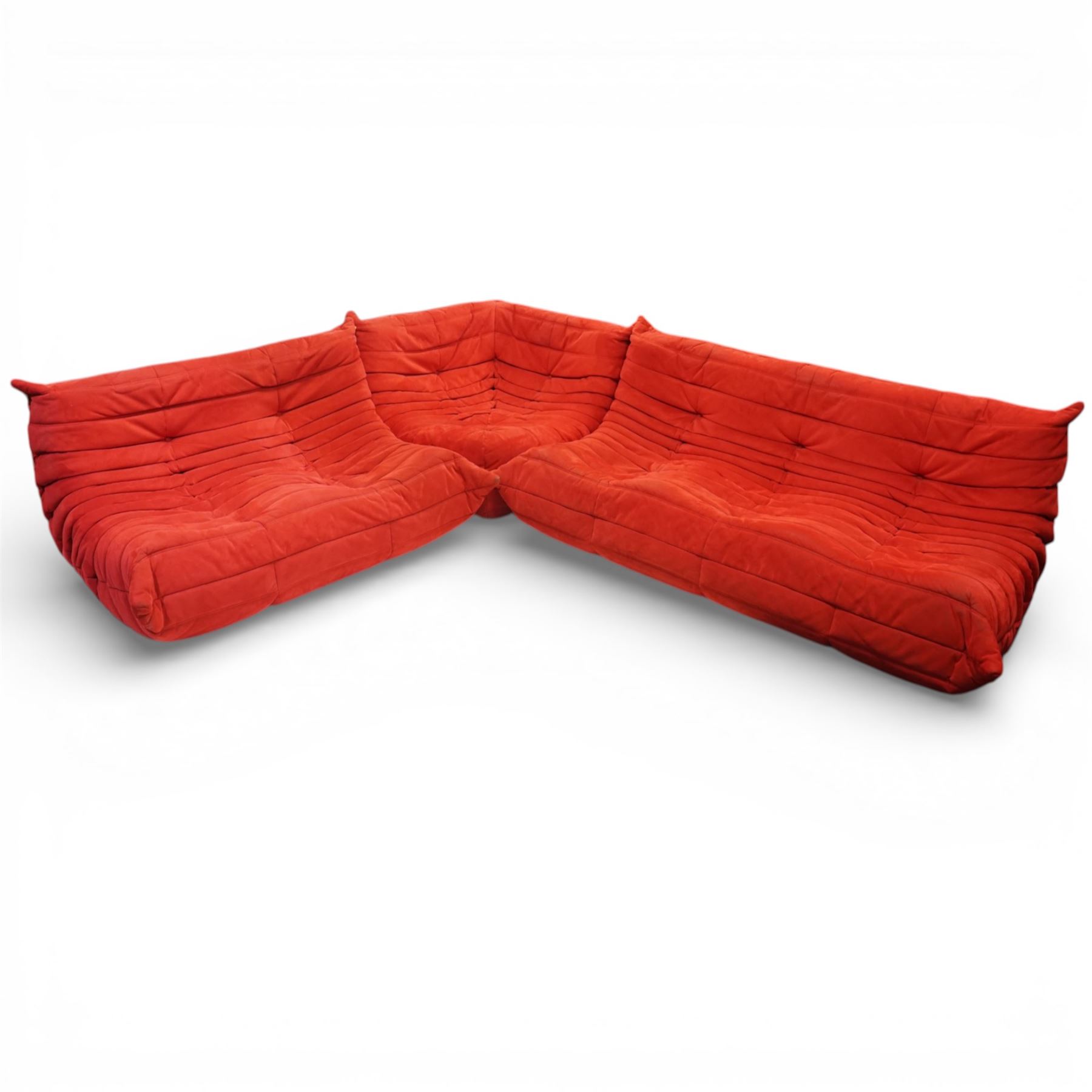 Michel Ducaroy (1925-2009) for Ligne Roset - contemporary ‘Togo’ sectional complete corner sofa upholstered in Alcantara Goya Red, comprising small settee (H 78cm, W 123cm, D 90cm), corner seat (H 78cm, W 90cm, D 90cm) and large settee (H 78cm, W 175cm, D 90cm)