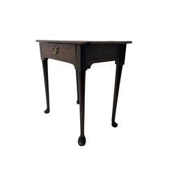 George III oak low boy, fitted with single drawer, raised on tapered supports with pad feet