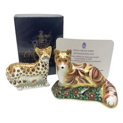 Two Royal Crown Derby paperweights, comprising Devonian Fox Cub, limited edition for Goviers 842/1500 with gold stopper, original box and certificate, Leopard Cub, with gold stopper, both with printed mark beneath