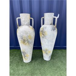 Pair terracotta tall garden urn vases with handles, distressed weathered finish  - THIS LOT IS TO BE COLLECTED BY APPOINTMENT FROM DUGGLEBY STORAGE, GREAT HILL, EASTFIELD, SCARBOROUGH, YO11 3TX