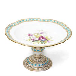 19th century tazza or compote, hand painted with flowers within gilt and turquoise borders, H16cm 