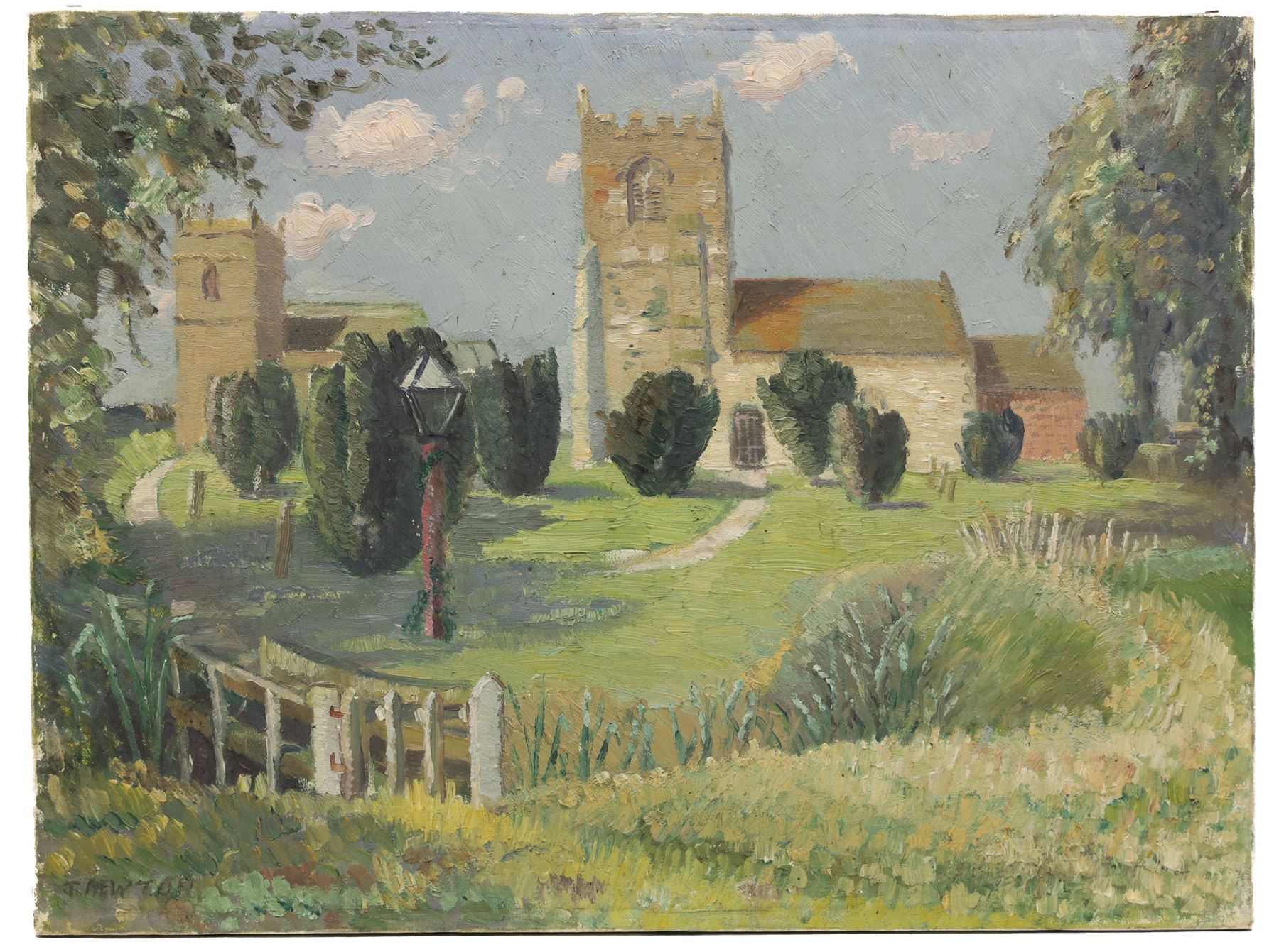 Clive Richard Browne (British 1901-1991): Open Fields Landscape, oil on board signed 21cm x 26cm; Joan Newton (British 19th/20th century): 'The Two Churches - Alvingham' Lincolnshire, oil on canvas signed, titled on label verso 30.5cm x 40.5cm (2) (one unframed)