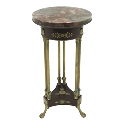  19th century Louis XVI style ormolu mounted gueridon stamped Henry Dasson 1886, overhanging varigated circular marble top with mask and foliate mounted frieze, on three pairs of leaf cast fluted supports, trefoil base on scroll cast paw feet D40cm, H79cm  
