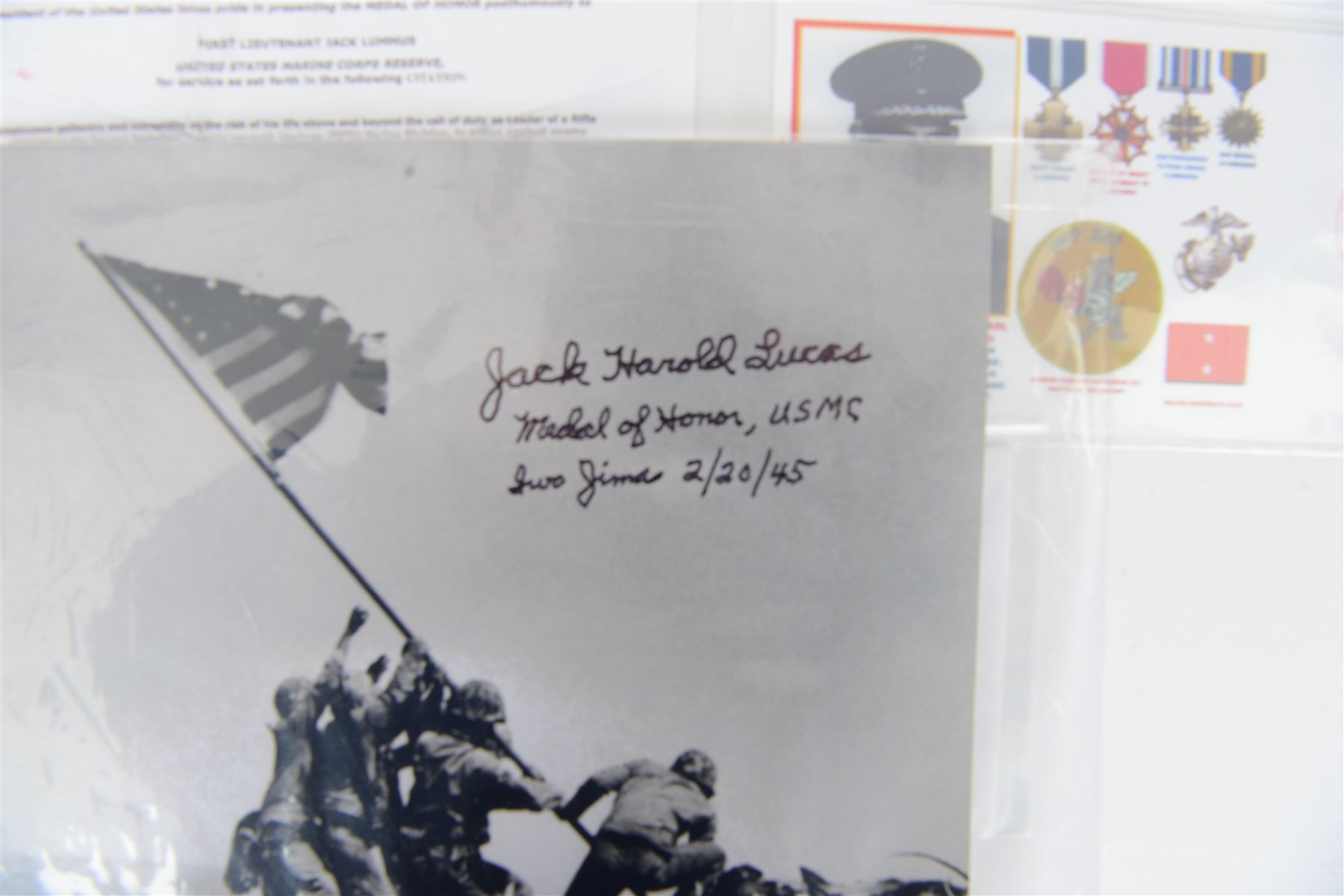 Two original autographs of US Medal of Honor winners, Jack Harold Lucas USMC Iwo Jima and Leo K.Thorsness USAF, Vietnam POW together with ten US FDC medal winners and USAF POW card.
