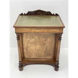 Early Victorian figured mahogany dressing cabinet, the raised shell and scroll carved back lifts to reveal rectangular easel mirror with mahogany band, flat rectangular top with tooled leather inset, slide at each side with matching leather inset, full width drawer above cupboard enclosing a series of five drawers, turned front supports, panelled front, sides and back