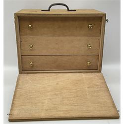 Three drawer collectors cabinet with fall front containing various Great British and World coins including GB pre-decimal coins, King George III 1806 penny, cartwheel pennies etc