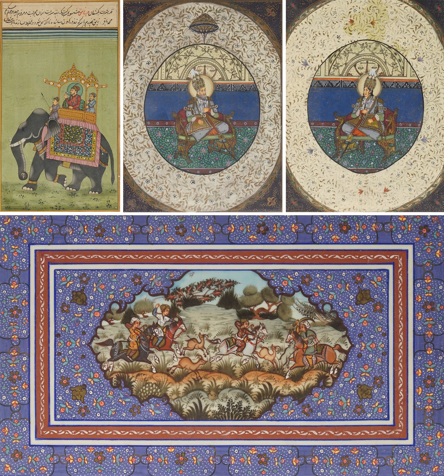 Four Mughal school watercolours, one pair depicting a couple upon thrones, an elephant procession and warriors in battle, largest 23cm x 38cm (4)