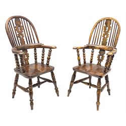 Matched pair elm miniature Windsor armchairs, high stick and pierced fretwork splat back, turned supports joined by H shaped stretchers