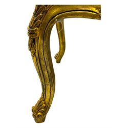 Pair of Louis XV-design giltwood stools, each upholstered in red damask fabric with slight variations in patterns, the carved frames adorned with scrolling foliage and shell motifs, raised on cabriole supports