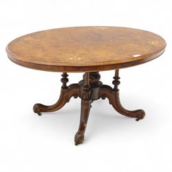 Victorian inlaid burr-walnut and marquetry oval centre table, quarter veneered tilt-top wi...