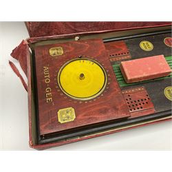 'Auto Gee' painted metal and stained wood horse racing game by Wells, London,  with some markers and horse, length 87cm