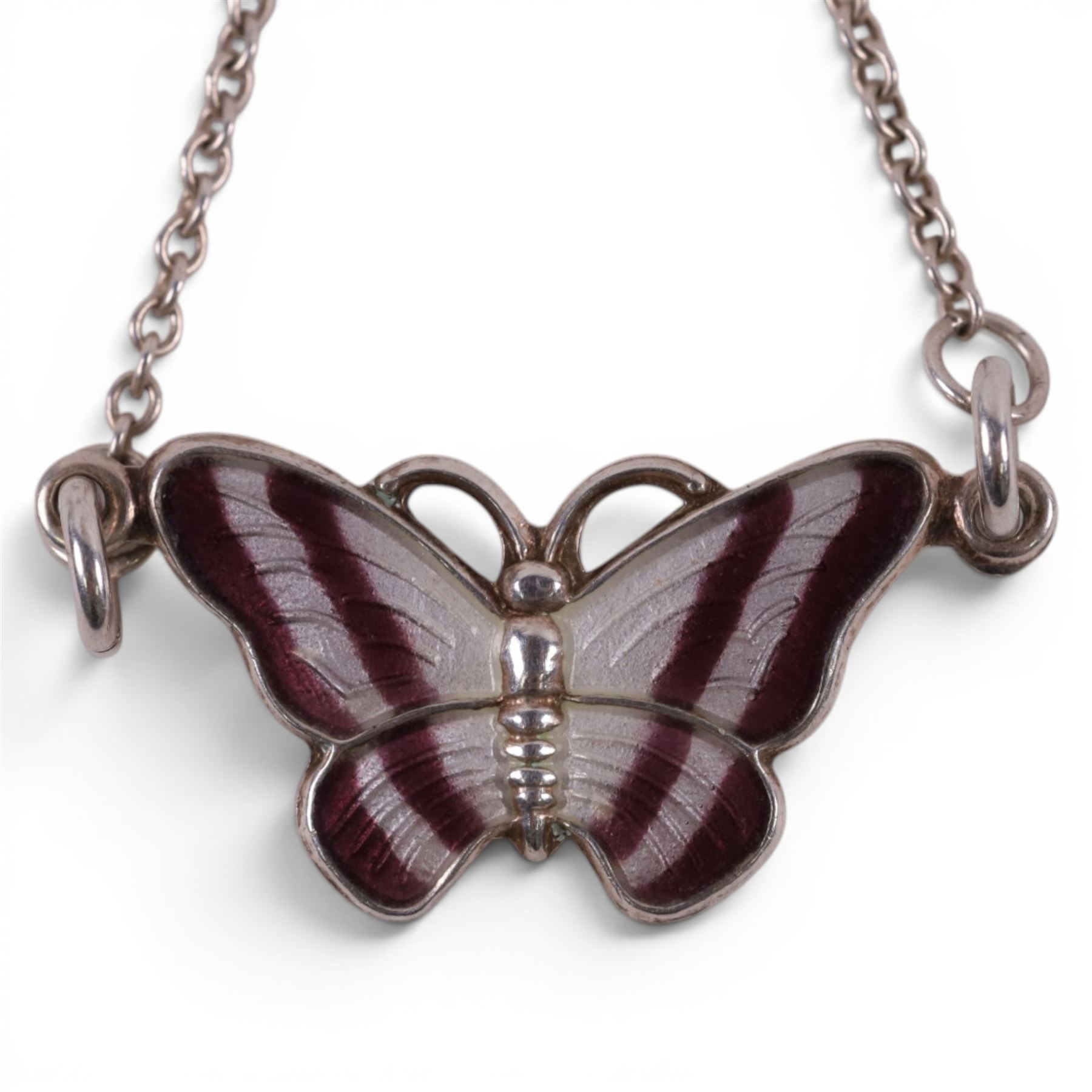 Danish silver and guilloche enamel butterfly pendant necklace, by Volmer Bahner, Denmark