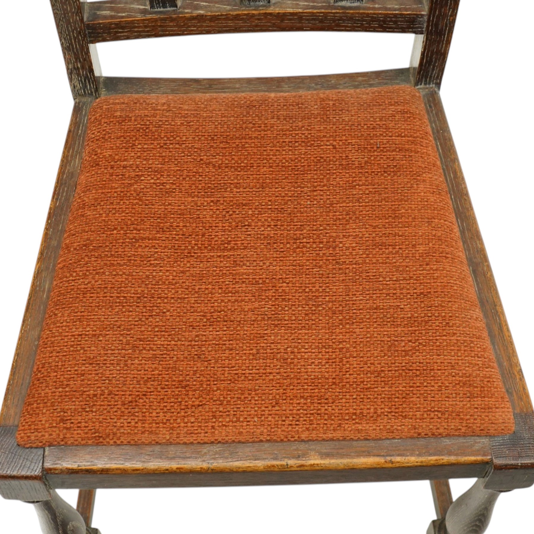 Arts & Crafts limed oak extending dining table, the rectangular draw-leaf top with integral leaf, raised on four turned supports united by H-stretcher; with set four matching lattice-back chairs on turned front-supports (W47cm H89cm)