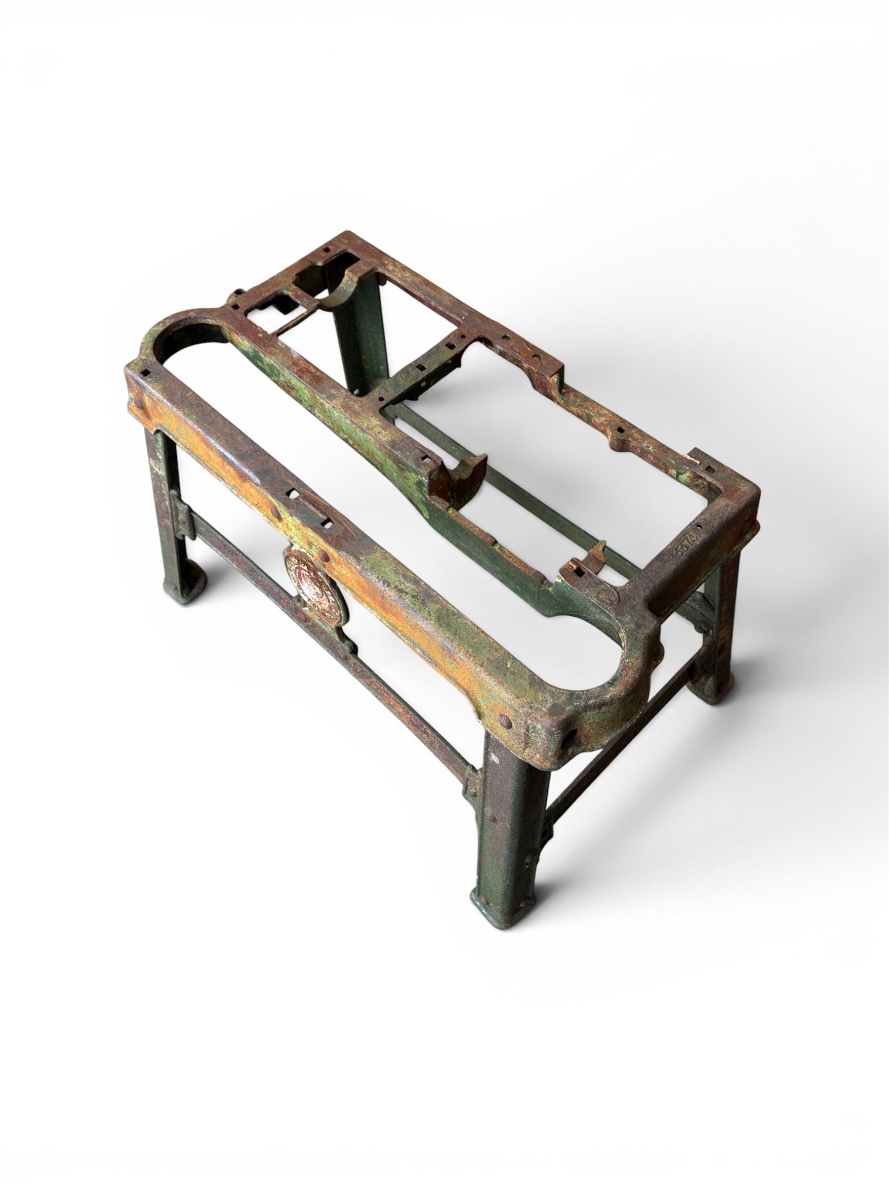 19th century heavy cast iron garden / machine table base, by Henry Bamford & Sons, with plaque, no. 3374, part of the JCB family