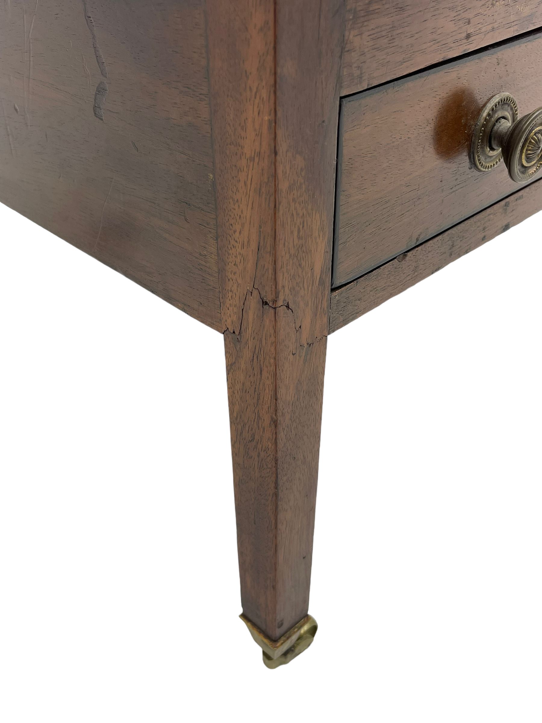 Georgian design mahogany Canterbury, four divisions with dished upper rails, the central rail pierced with handle, fitted with single drawer, on square supports with brass cups and castors 
