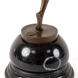 After Josef Lorenzl,- Art Deco style bronze bat girl, upon a stepped circular marble base, H47cm