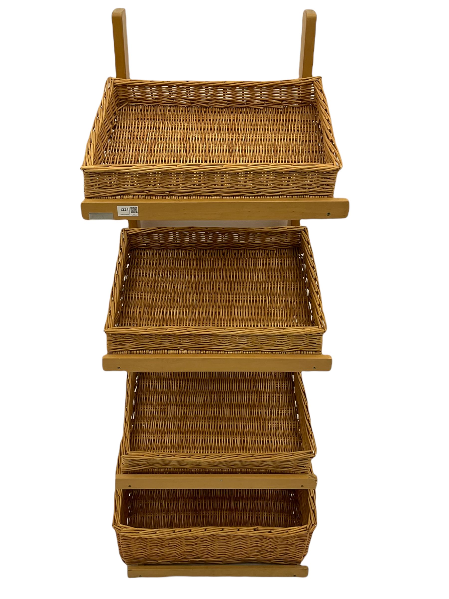 Gadsby beech four tier shop display stand, with wicker baskets