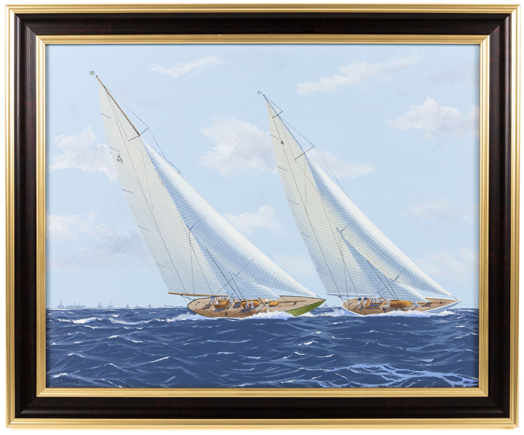 George Drury (British 1950-): 'Shamrock V and Enterprise - Americas Cup 1930', oil on canvas board signed, titled verso 38cm x 48cm