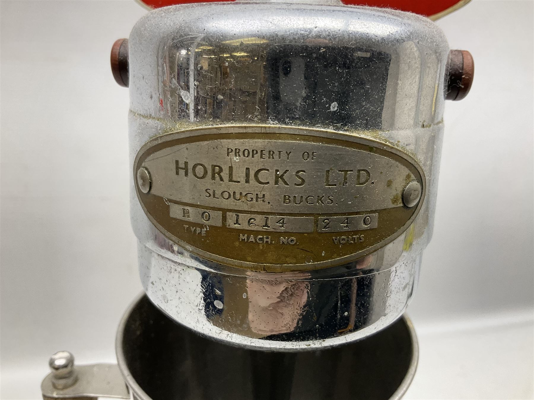 1950s Horlicks advertising shop counter electric mixer, with chrome fittings and stainless steel cup engraved Horlicks with wood handle, H50cm