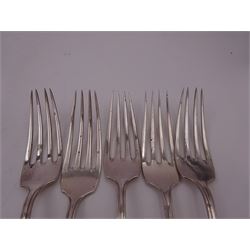 Five German silver table spoons, each with foliate border and engraved initial to terminal, marked 800 with crescent and crown mark, together with a matching set of five table forks
