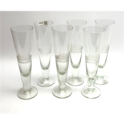 Set of six Toscany Romania lager glasses, each of tall tapering pedestal form etched with a four-masted sailing ship H25cm