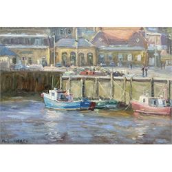 Michelle Saunders (British 1936-): Whitby Quayside Bathed in Sun, oil on board signed 24cm x 34cm 