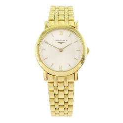Longines Prestige 18ct gold ladies quartz wristwatch, Ref. L4 210 6, silvered dial with baton hour markers, stamped 18K 750, on integrated 18ct gold bracelet, hallmarked