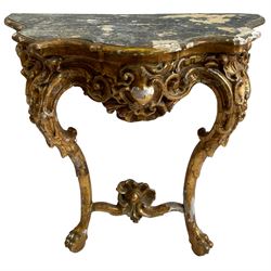 19th century giltwood console table, shaped and moulded top over cartouche and scroll carved frieze, acanthus and C-scroll cabriole supports on paw feet, the front supports united by shell carved rail