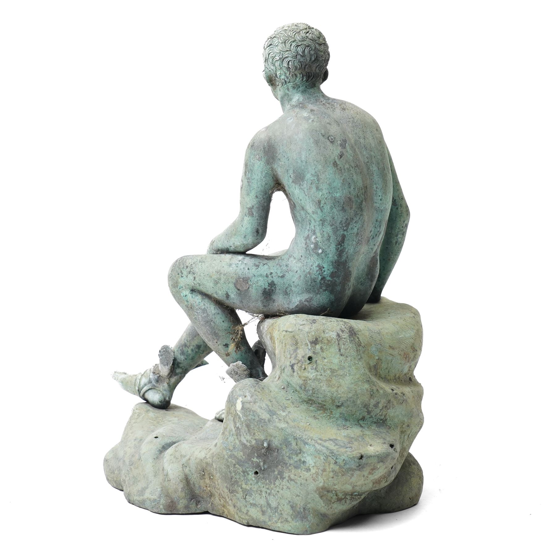 After the Antique - a cast metal sculpture of a resting Hermes, unmarked, H28cm 