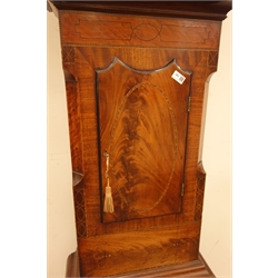  Early 19th century mahogany longcase clock, the swan neck pediment with finial, stepped arched glazed door and turned supports, enamel painted moon-phase dial, subsidiary seconds and date dial, eight day movement striking on bell, figured case with box wood stringing and inlay, H246cm  
