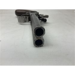 19th century Belgian double barrel side by side percussion pistol, approximately 40 calibre, with 8cm octagonal barrels, and wooden stock L22cm